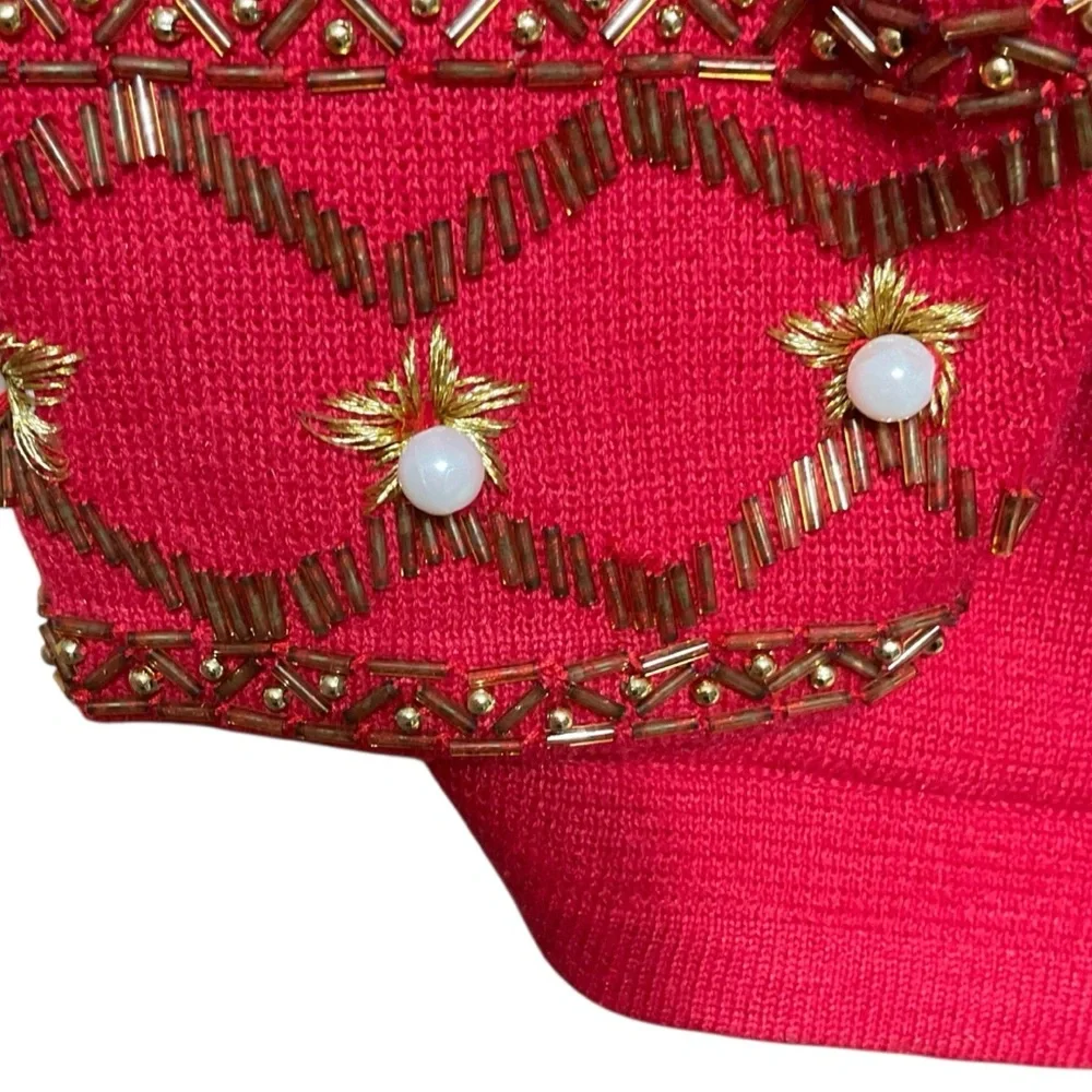 Carol Patterson Knits Women’s Embellished Linen Blend Red. Vintage Cardigan. MED
